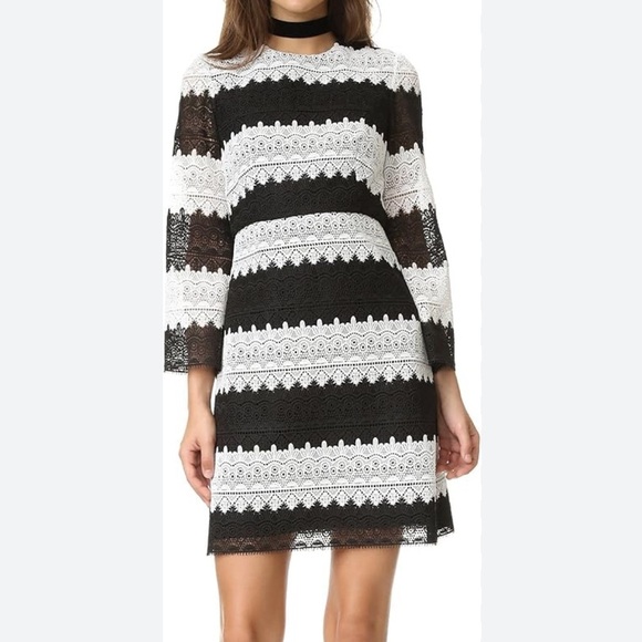 Jill Jill Stuart Classic Black and White Lace Striped Shift Dress 3/4 Sleeves 14 - Picture 1 of 12